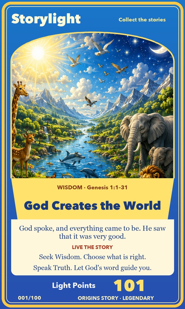 God Creates the World card in its blue and gold frame, with a Genesis reference and ways to live the story