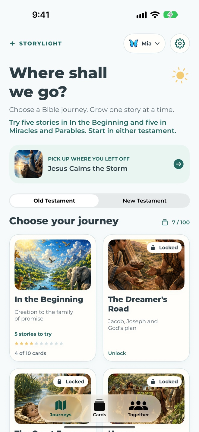 Storylight Journeys screen with a mint story trail and a choice of Old Testament journeys