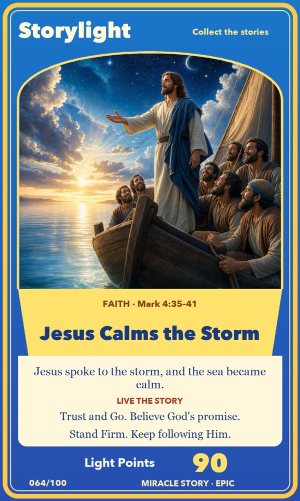 Jesus Calms the Storm card, with Jesus standing in the disciples’ boat at sunset