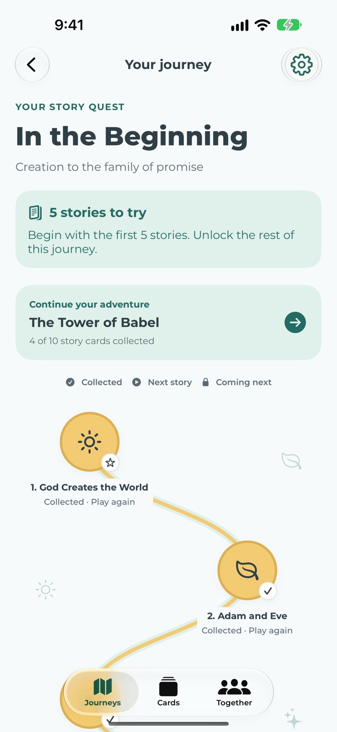 In the Beginning journey in the app, with individual stories laid out along an interactive quest trail