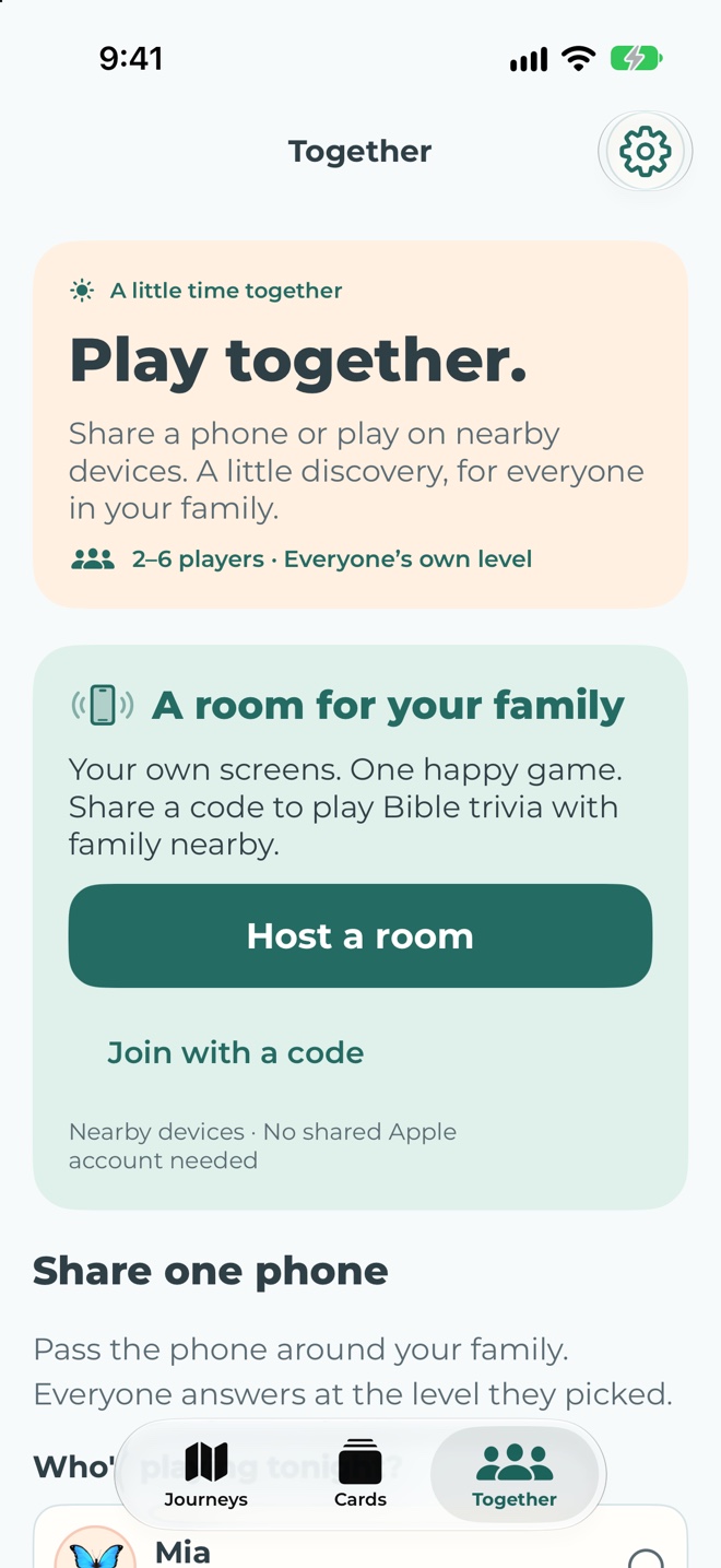 The Together tab on iPhone with Host a room, Join with a code and Share one phone options